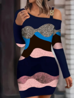 Kadın Uzun Kollu Tek Omuzu Askı Toka Detaylı Kısa Dalgıç Elbise - Görsel 3