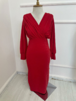 Kadın Uzun Kollu Kruvaze Yaka Büzgü Ve Balon Kol Detay Simli Krep Kumaş Maxi Boy Elbise - Görsel 2