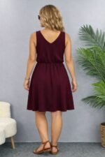 Kadın Askılı V Yakalı Beli Büzgülü Kısa Viskon Iki Iplik Elbise - Görsel 3