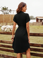 Kadın Kısa Kollu Yakalı önden Düğmeli Beli Kuşaklı Bürümcük Elbise - Görsel 4