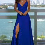 Kadın Sıfır Kol Ip Askılı Dekolteli Yırtmaç Detay Krep Elbise