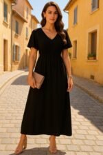 Kadın Kısa Kollu V Yakalı Beli Lastikli Uzun Viskon Elbise - Görsel 8