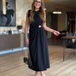 Kadın Sıfır Kollu Bisiklet Yaka Belden Büzgülü Yırtmaç Detaylı Janjan Krep Elbise