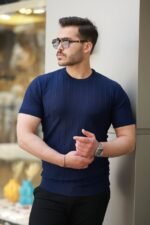 Erkek Kısa Kollu Bisiklet Yaka çizgili Triko Tişört - Görsel 2