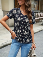 Kadın Kısa Kollu V Yakalı çiçek Baskılı Süprem Bluz - Görsel 3