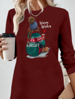 Kadın Uzun Kollu Bisiklet Yaka Desenli Viskon Iki Iplik Elbise - Görsel 2