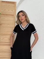 Kadın Kısa Kollu V Yaka Kol Ve Yaka Ribana Detay Midi Boy Viskon Elbise - Görsel 7