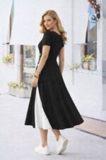 Kadın Kısa Kollu Asimetrik Yakalı Düğme Detaylı Midi Viskon Elbise - Görsel 3