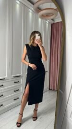 Kadın Askılı Kolsuz Belden Büzgülü Yırtmaçlı Midi Janjan Krep Elbise - Görsel 11