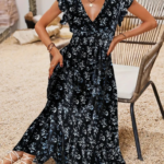 Kadın Kısa Kollu Kruvaze Yakalı Beli Lastikli çiçek Desenli Elbise