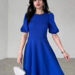 Kadın Kısa Balon Kollu Bisiklet Yaka Geniş Kesim Janjan Krep Elbise