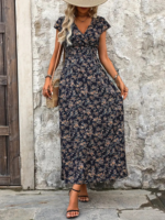 Kadın Kısa Kollu Kruvaze Yakalı çiçek Desenli Belden Lastikli Süprem Uzun Elbise - Görsel 3