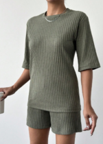 Kadın Kısa Kollu Bisiklet Yaka Kaşkorse Bluz şort Ikili Takım - Görsel 3