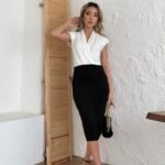 Kadın Kısa Kollu Kruvaze Yaka Krep Elbise (Kemersiz)