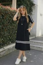 Kadın Kısa Kollu Bisiklet Yaka şerit Detaylı Midi Viskon Elbise - Görsel 3