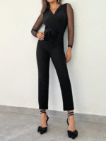 Kadın Uzun Kollu Kruvaze Yakalı Kolları Tül Detay Beli Kuşaklı Ithal Krep Tulum - Görsel 12