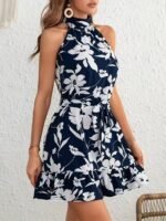 Kadın Omuzlardan Açık Balıkçı Yakalı Kuşaklı Desenli Kısa Süprem Elbise - Görsel 3