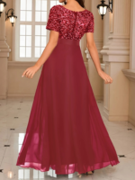 Kadın Kısa Kollu Derin V Yakalı A Kesim Pulpayet Detaylı şifon Nedime Elbisesi - Görsel 3