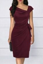 Kadın Kısa Kollu V Asimetrik Yaka Kesimli Yandan Bağlamalı Mini Janjan Krep Elbise - Görsel 2