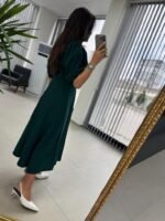 Kadın Kısa Kollu Bisiklet Yaka Fiyonk Broşlu Midi Janjan Krep Elbise - Görsel 11