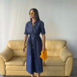 TENCEL ÖNDEN DÜĞMELİ KISA KOL ELBİSE - Mavi