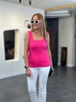 Kadın Kare Yaka Kalın Askılı Beyaz Triko Bluz - Görsel 2