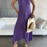 Kadın çan Dokuma Kumaş V Yaka Asimetrik Kesim Elbise