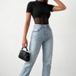 Kadın Transparan Detay Kısa Kol Kaşkorse Bluz