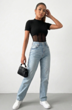 Kadın Transparan Detay Kısa Kol Kaşkorse Bluz