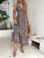 Kadın Beli Gipeli Etnik Desen Sıfır Kol Süprem Elbise - Görsel 3