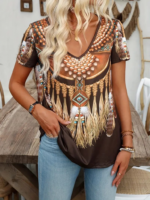 Kadın Kısa Kollu V Yakalısalaş Etnik Desenli Süprem Bluz - Görsel 2