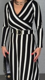 Kadın Uzun Kollu Kruvaze Yaka Kemer Dahil çizgili Triko Elbise - Görsel 3