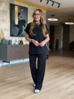 Kadın Kısa Kollu Bisiklet Yaka Viskon Iki Iplik Bluz Ve Pantolon Ikili Takım - Görsel 2