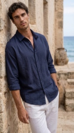 Erkek Armürlü Yarım Oversize Müslin Gömlek - Görsel 4