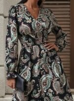 Kadın Uzun Kollu Kruvaze Yaka Beli Lastikli Uzun Desenli Maxi Elbise - Görsel 3