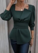 Kadın Uzun Kollu Geometrik Yakalı Belden Oturmalı Ithal Krep Bluz - Görsel 3