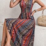 Kadın Beli Gipeli Etnik Desen Sıfır Kol Süprem Elbise