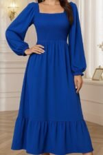 Kadın Uzun Kollu Kare Yakalı Gipeli Uzun Trikoton Elbise - Görsel 2