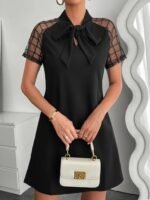 Kadın Kısa Kollu Boyundan Bağlamalı Omuzlarda Tül Detaylı Janjan Krep Elbise - Görsel 3