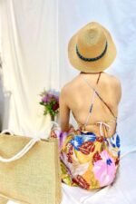 Mavi Sırt Dekolteli Keten Elbise - Görsel 2