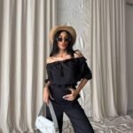 KETEN MADONNA YAKA KOL HASIR ŞERİT - PANTOLON TAKIM - Siyah