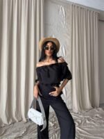 KETEN MADONNA YAKA KOL HASIR ŞERİT - PANTOLON TAKIM - Siyah