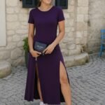 Kadın Kısa Kollu Sırt Dekolteli Yırtmaç Detaylı Viskon Elbise