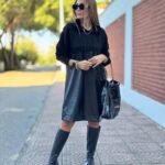 Kadın Uzun Kollu Kapüşon Ve Deri Detay Diz üstü Elbise