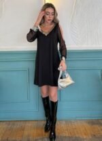 Kadın Uzun Kollu V Yaka Kollar Tül Yırtmaç Detay Kol Manşetleri Ve Yaka Payet Krep Elbise - Görsel 13