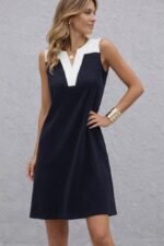 Kadın Askılı V Yakalı çift Renkli Kısa Viskon Iki Iplik Elbise - Görsel 3