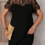 Kadın Kısa Kollu Dantel Bisiklet Yaka Ve Kol Dantel Detaylı Janjan Krep Elbise