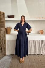 Lacivert Müslin Uzun Elbise - Görsel 2
