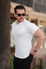 Erkek Hakim Yaka Dokuma Pamuklu Kumaş Kısa Kollu T-shirt - Görsel 2