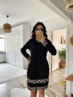 Kadın Uzun Kollu Bisiklet Yaka şerit Leopar Desenli Kısa Dalgıç Elbise - Görsel 10